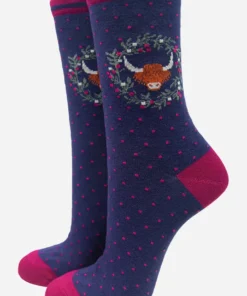 Women's Highland Cow Wreath Print Ankle Socks